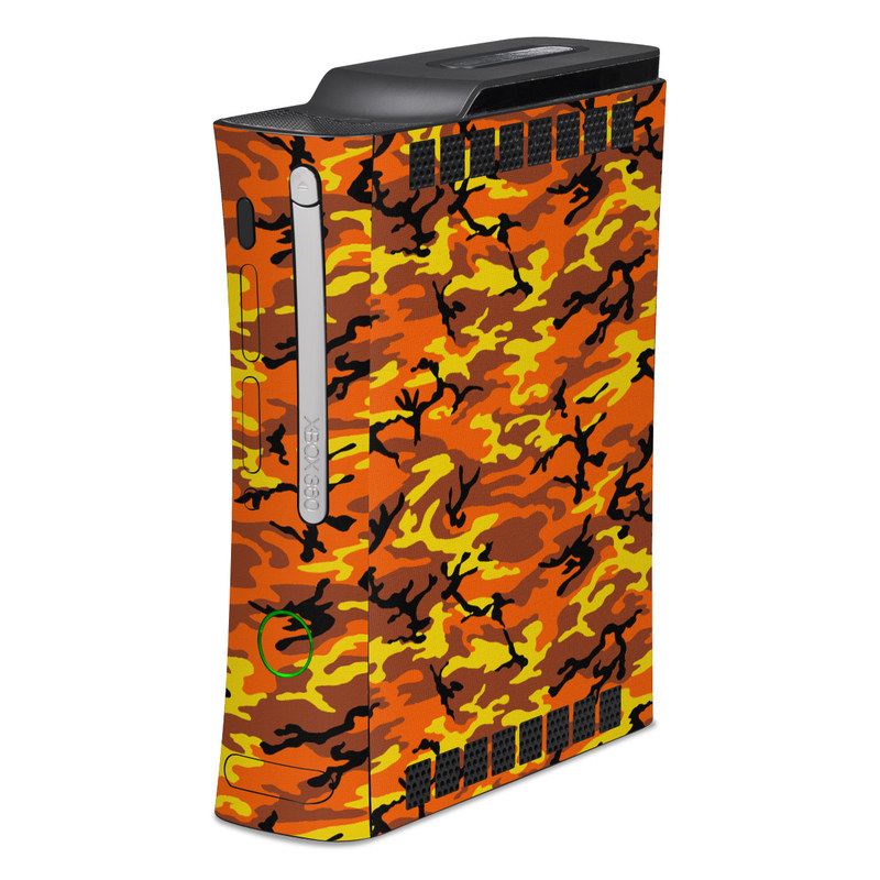 Old Xbox 360 Skin design of Military camouflage, Orange, Pattern, Camouflage, Yellow, Brown, Uniform, Design, Tree, Wildlife, with red, green, black colors