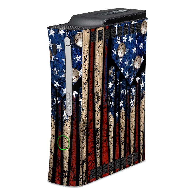 Old Xbox 360 Skin design of Baseball bat, Baseball equipment, with black, red, gray, green, blue colors