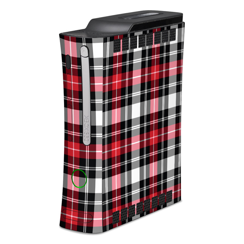 Old Xbox 360 Skin design of Plaid, Tartan, Pattern, Red, Textile, Design, Line, Pink, Magenta, Square, with black, gray, pink, red, white colors