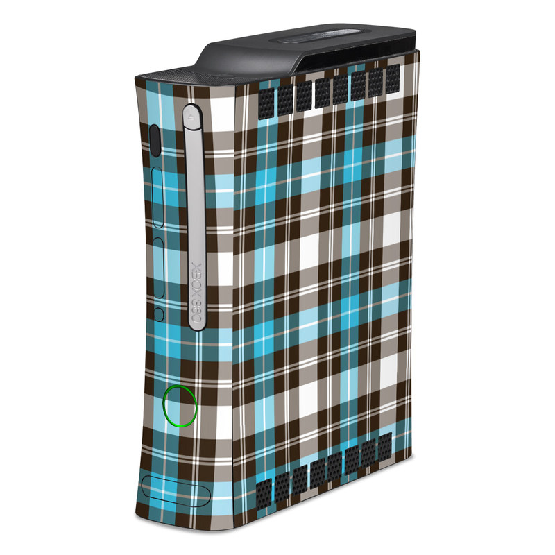 Old Xbox 360 Skin design of Plaid, Pattern, Tartan, Turquoise, Textile, Design, Brown, Line, Tints and shades, with gray, black, blue, white colors