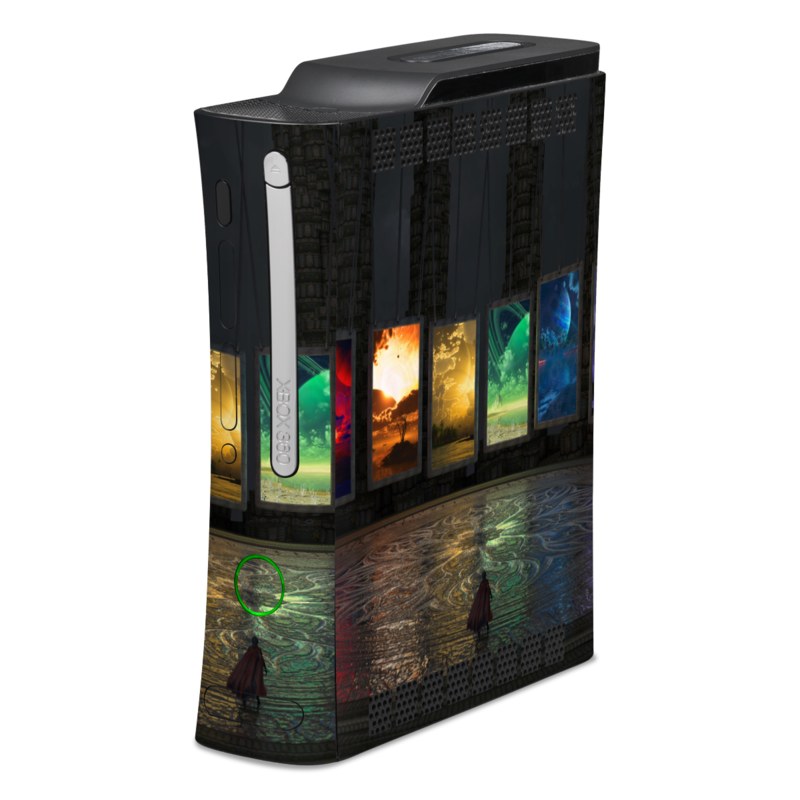 Old Xbox 360 Skin design of Light, Lighting, Water, Sky, Technology, Night, Art, Geological phenomenon, Electronic device, Glass, with black, red, green, blue colors
