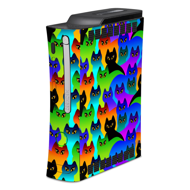 Old Xbox 360 Skin design of Black cat, Purple, Cat, Small to medium-sized cats, Pattern, Design, Felidae, Illustration, Art, with black, blue, green, purple colors