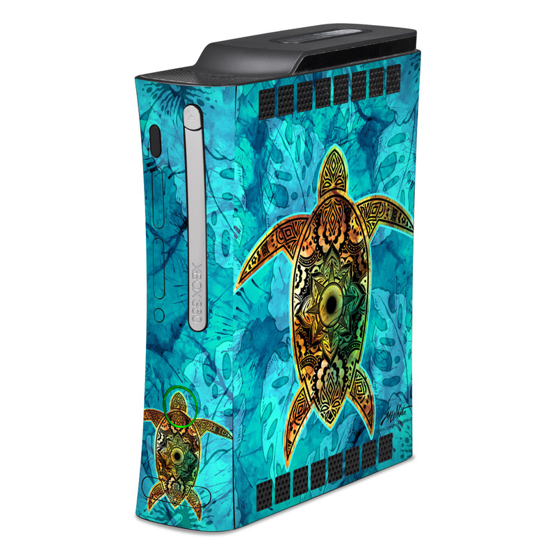 Old Xbox 360 Skin design of Sea turtle, Green sea turtle, Turtle, Hawksbill sea turtle, Tortoise, Reptile, Loggerhead sea turtle, Illustration, Art, Pattern, with blue, black, green, gray, red colors