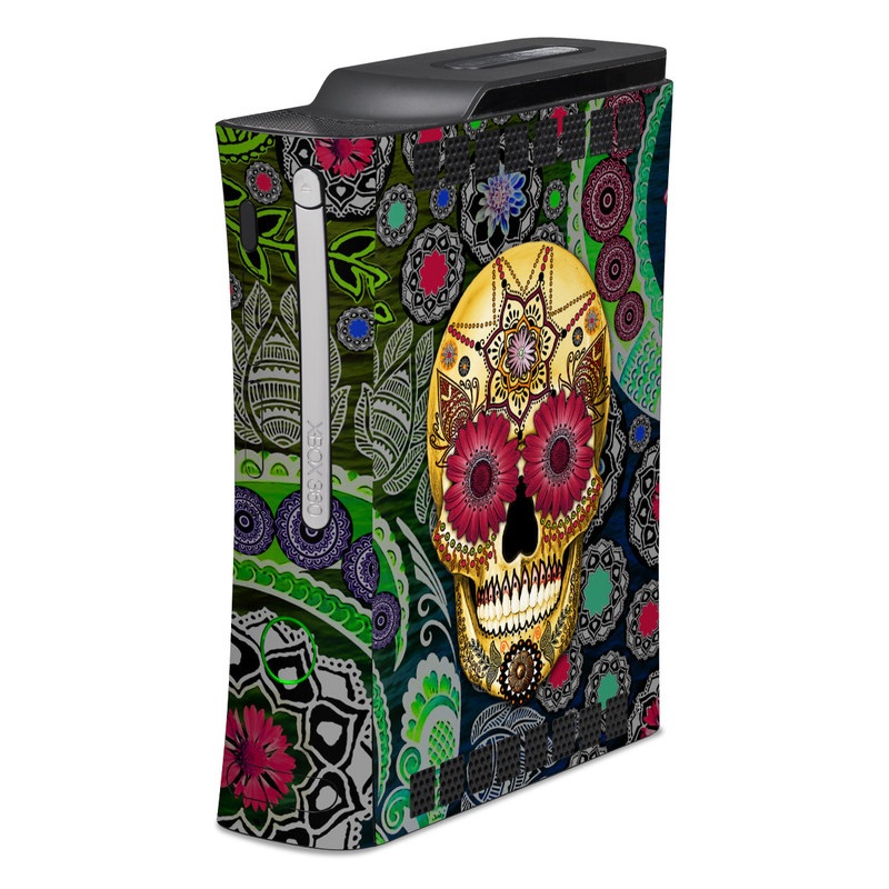 Old Xbox 360 Skin design of Skull, Bone, Pattern, Psychedelic art, Visual arts, Design, Illustration, Art, Textile, Plant, with black, red, gray, green, blue colors
