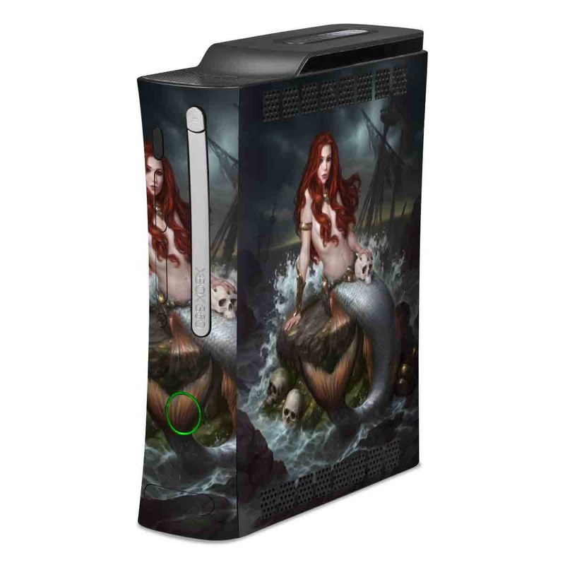 Old Xbox 360 Skin design of Mermaid, Cg artwork, Illustration, Fictional character, Mythology, Mythical creature, Art, Long hair, Woman warrior, Sitting, with black, brown, red, yellow, white, gray colors