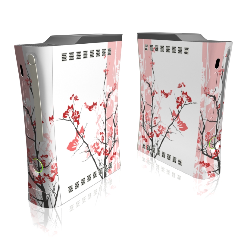 Old Xbox 360 Skin design of Branch, Red, Flower, Plant, Tree, Twig, Blossom, Botany, Pink, Spring, with white, pink, gray, red, black colors