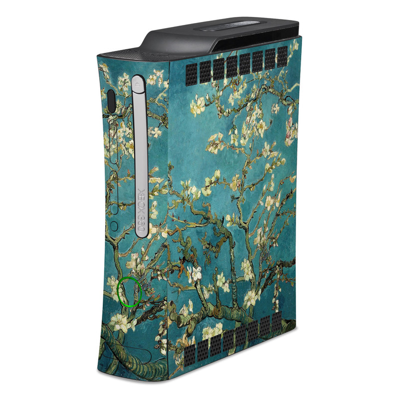 Old Xbox 360 Skin design of Tree, Branch, Plant, Flower, Blossom, Spring, Woody plant, Perennial plant, with blue, black, gray, green colors