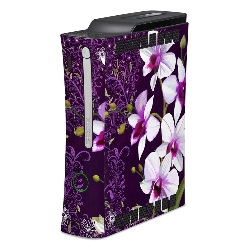 Old Xbox 360 Skin design of Flower, Purple, Petal, Violet, Lilac, Plant, Flowering plant, cooktown orchid, Botany, Wildflower, with black, gray, white, purple, pink colors