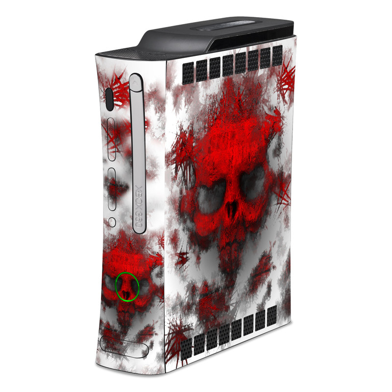 Old Xbox 360 Skin design of Red, Graphic design, Skull, Illustration, Bone, Graphics, Art, Fictional character, with red, gray, black, white colors