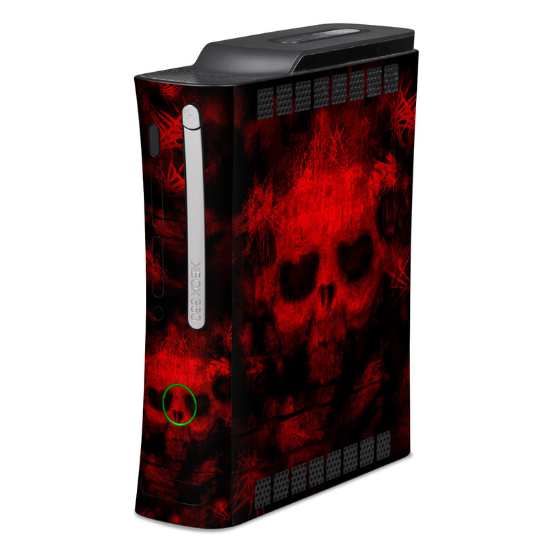 Old Xbox 360 Skin design of Red, Skull, Bone, Darkness, Mouth, Graphics, Pattern, Fiction, Art, Fractal art, with black, red colors