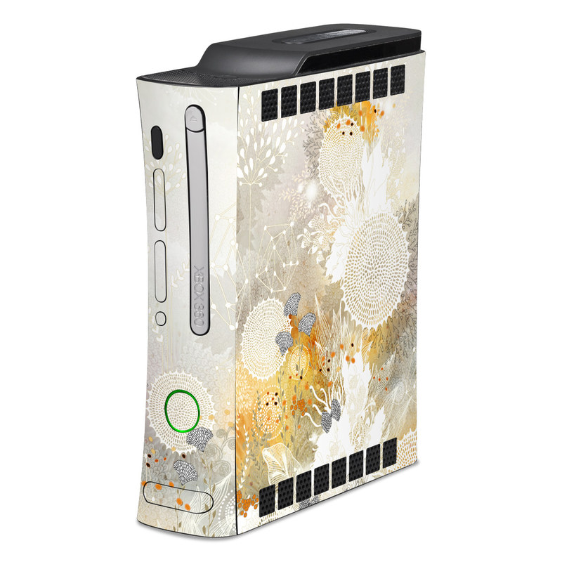 Old Xbox 360 Skin design of Pattern, Floral design, Flower, Plant, Illustration, camomile, Wildflower, Art, with gray, yellow, pink, white, green colors