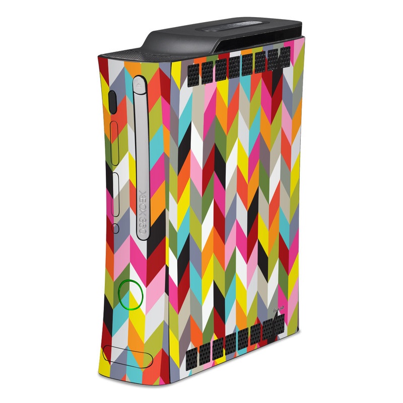 Old Xbox 360 Skin design of Pattern, Orange, Line, Design, Graphic design, Tints and shades, Triangle, with red, green, gray, black, blue, purple colors