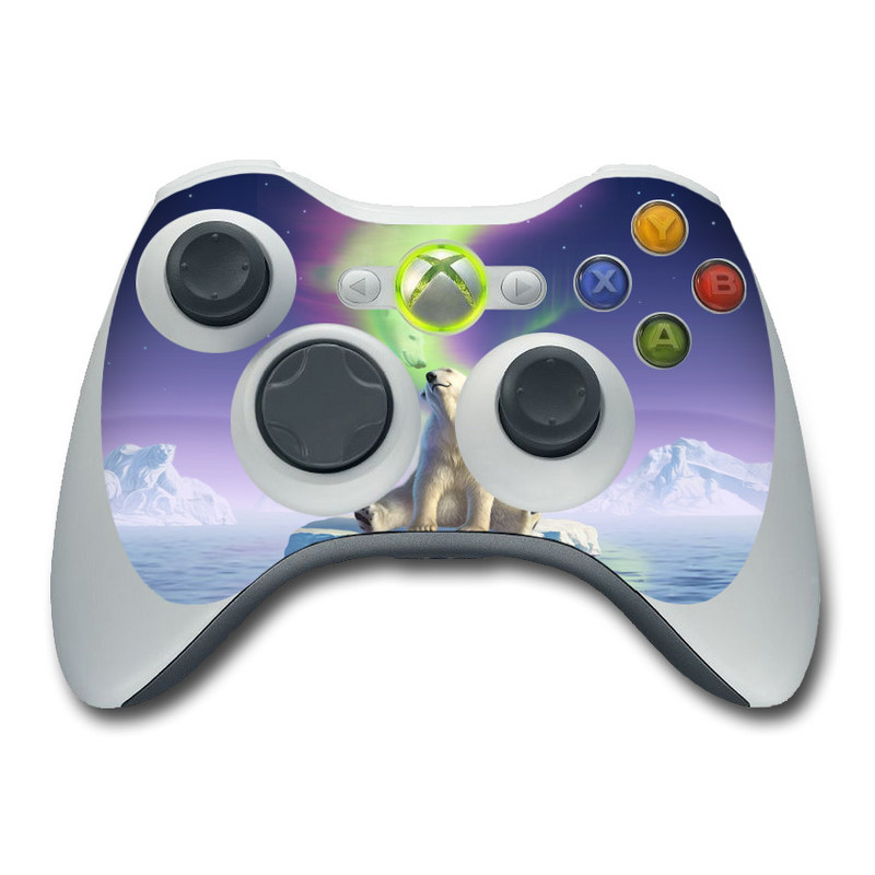Xbox 360 Controller Skin design of Aurora, Sky, Wildlife, Polar bear, Fictional character, with white, blue, green, purple colors