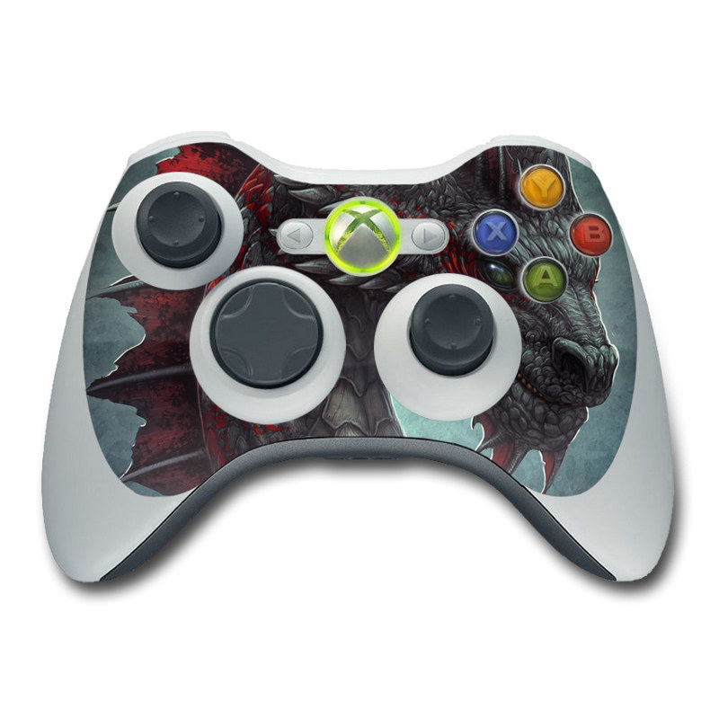 Xbox 360 Controller Skin design of Dragon, Fictional character, Mythical creature, Demon, Cg artwork, Illustration, Green dragon, Supernatural creature, Cryptid, with red, gray, blue colors
