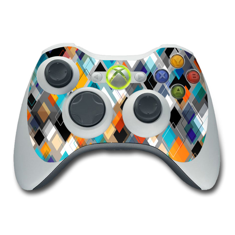 Xbox 360 Controller Skin design of Pattern, Line, Design, Colorfulness, Plaid, Tints and shades, Textile, Symmetry, Square, with black, blue, red, orange, white colors