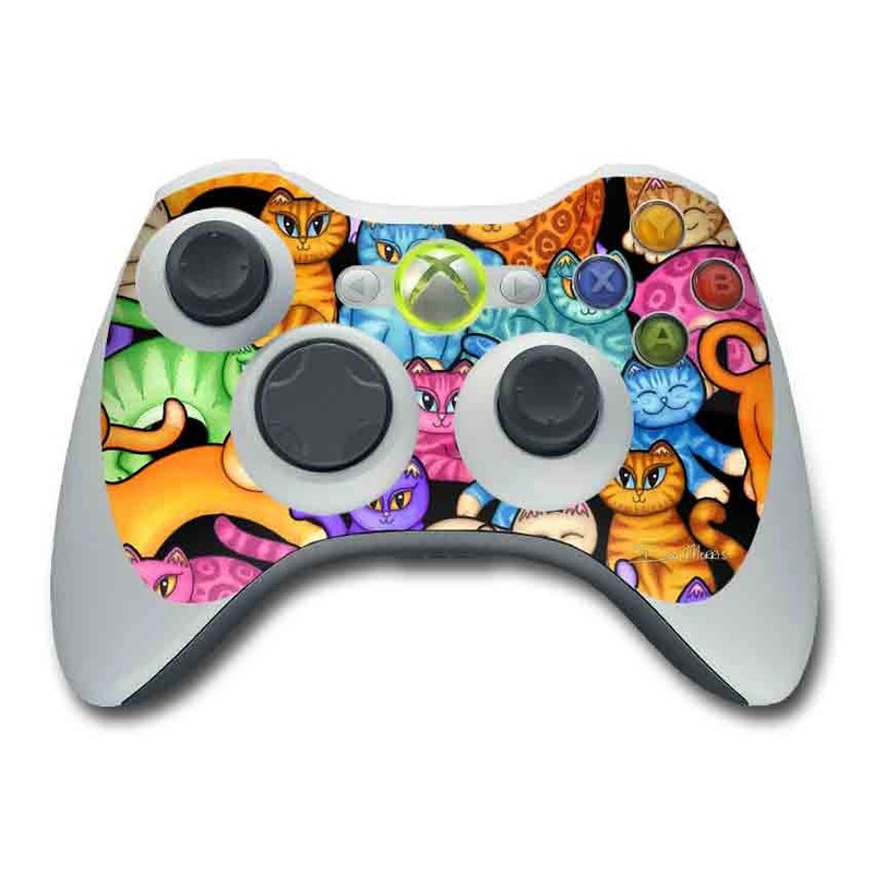 Xbox 360 Controller Skin design of Cat, Cartoon, Felidae, Organism, Small to medium-sized cats, Illustration, Animated cartoon, Wildlife, Kitten, Art, with black, blue, red, purple, green, brown colors