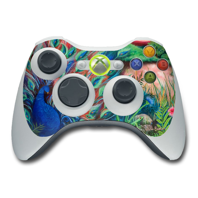 Xbox 360 Controller Skin design of Painting, Acrylic paint, Bird, Child art, Art, Galliformes, Peafowl, Visual arts, Watercolor paint, Plant, with black, red, gray, blue, green colors
