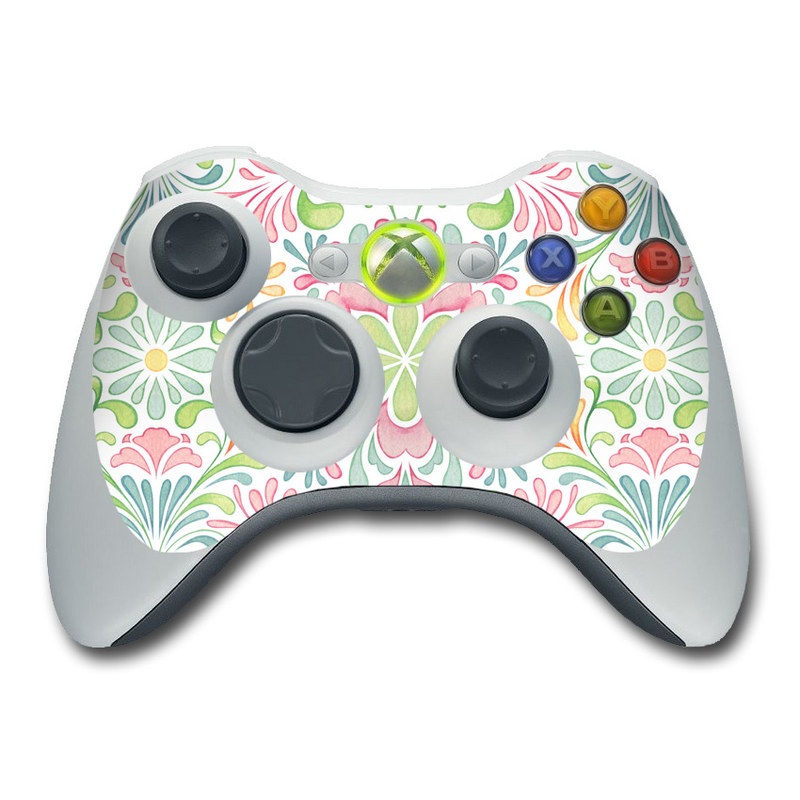 Xbox 360 Controller Skin design of Pattern, Pink, Visual arts, Design, Textile, Wrapping paper, Symmetry, Floral design, Motif, with gray, white, pink, green colors