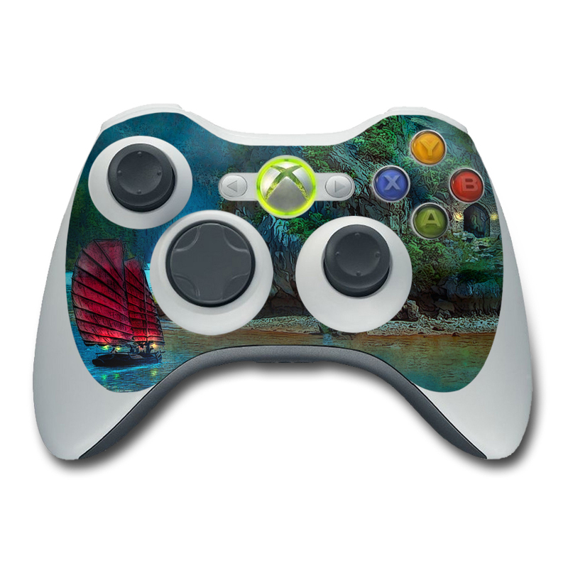 Xbox 360 Controller Skin design of Nature, Natural landscape, Sky, Painting, Landscape, Illustration, Watercolor paint, Art, Calm, Water castle, with black, gray, blue, green colors