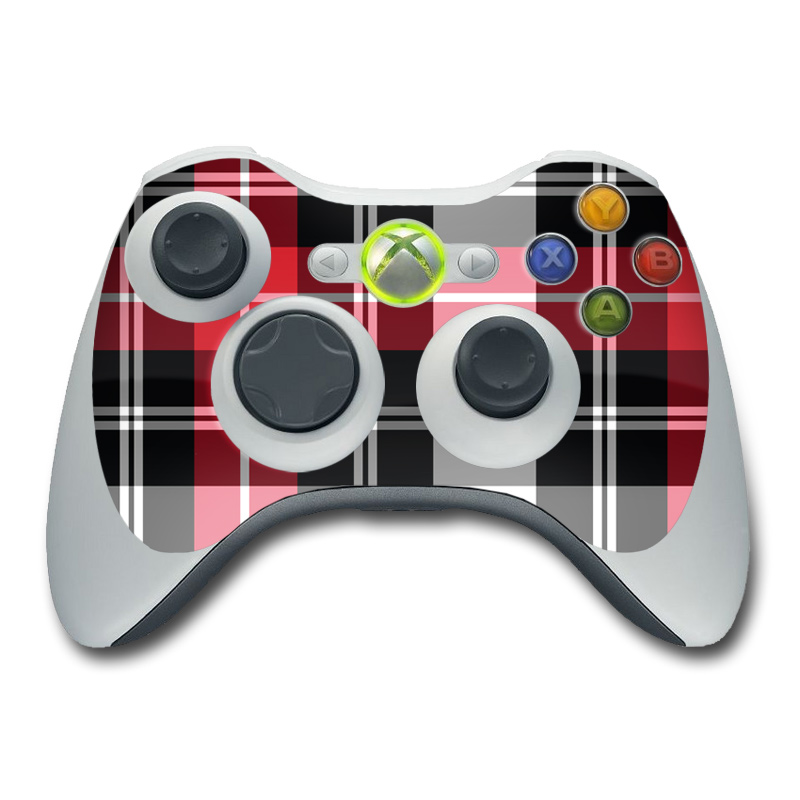 Xbox 360 Controller Skin design of Plaid, Tartan, Pattern, Red, Textile, Design, Line, Pink, Magenta, Square, with black, gray, pink, red, white colors