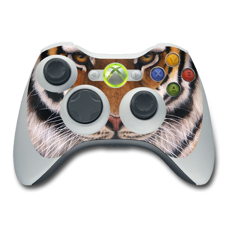 Xbox 360 Controller Skin design of Tiger, Mammal, Wildlife, Terrestrial animal, Vertebrate, Bengal tiger, Whiskers, Siberian tiger, Felidae, Snout, with black, gray, red, green, pink colors