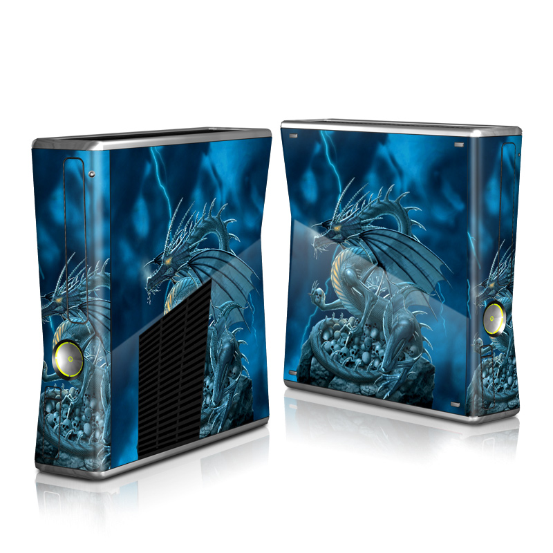 Xbox 360 S Skin design of Cg artwork, Dragon, Mythology, Fictional character, Illustration, Mythical creature, Art, Demon, with blue, yellow colors
