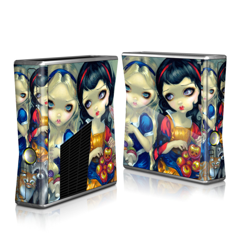 Xbox 360 S Skin design of Doll, Cartoon, Illustration, Cat, Art, Fawn, Toy, Fictional character, Whiskers, with blue, yellow, red, orange, gray colors