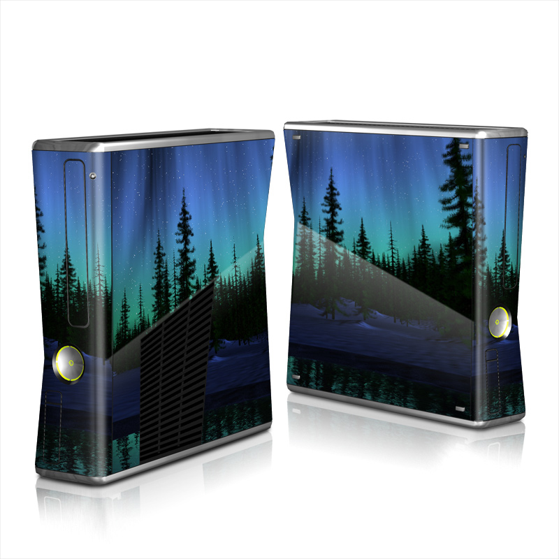 Xbox 360 S Skin design of Aurora, Nature, Sky, shortleaf black spruce, Natural landscape, Tree, Wilderness, Natural environment, Biome, Spruce-fir forest, with blue, purple, green, black colors