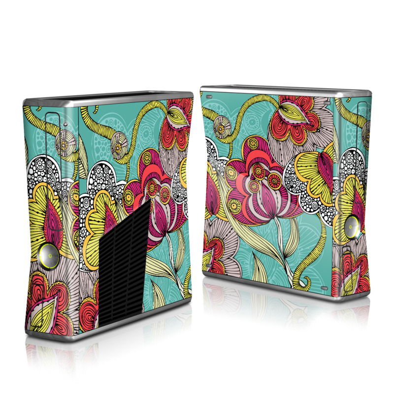 Xbox 360 S Skin design of Pattern, Visual arts, Motif, Floral design, Design, Art, Plant, Flower, Organism, Textile, with red, yellow, blue, gray, pink colors