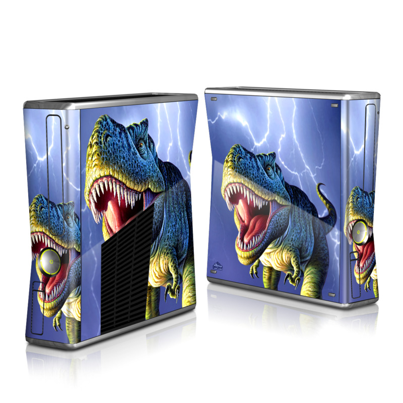 Xbox 360 S Skin design of Dinosaur, Extinction, Tyrannosaurus, Velociraptor, Tooth, Jaw, Organism, Mouth, Fictional character, Art, with blue, green, yellow, orange, red colors