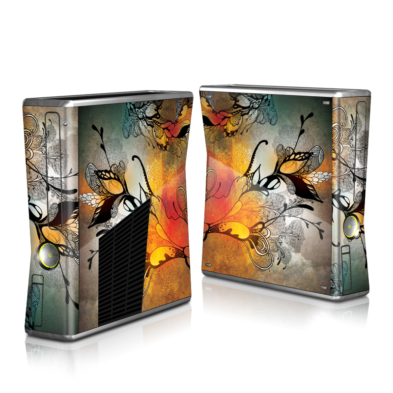 Xbox 360 S Skin design of Yellow, Orange, Art, Branch, Leaf, Graphic design, Visual arts, Pattern, Design, Modern art, with black, red, orange, yellow colors