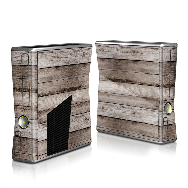 Xbox 360 S Skin design of Wood, Plank, Wood stain, Hardwood, Line, Pattern, Floor, Lumber, Wood flooring, Plywood, with brown, black colors