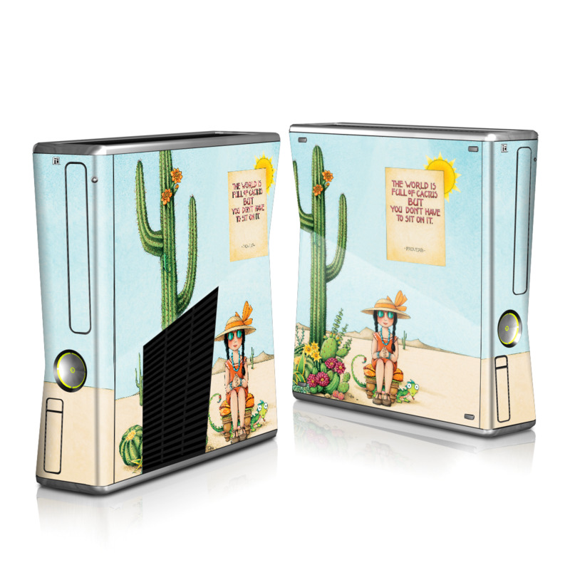 Xbox 360 S Skin design of Cartoon, Cactus, Illustration, Animated cartoon, Plant, Vegetable, Fictional character, Art, with green, yellow, pink, orange, brown colors