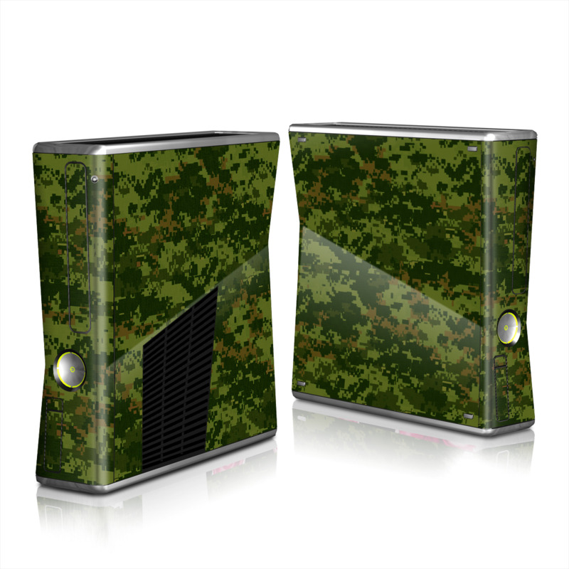 Xbox 360 S Skin design of Military camouflage, Green, Pattern, Uniform, Camouflage, Clothing, Design, Leaf, Plant, with green, brown colors