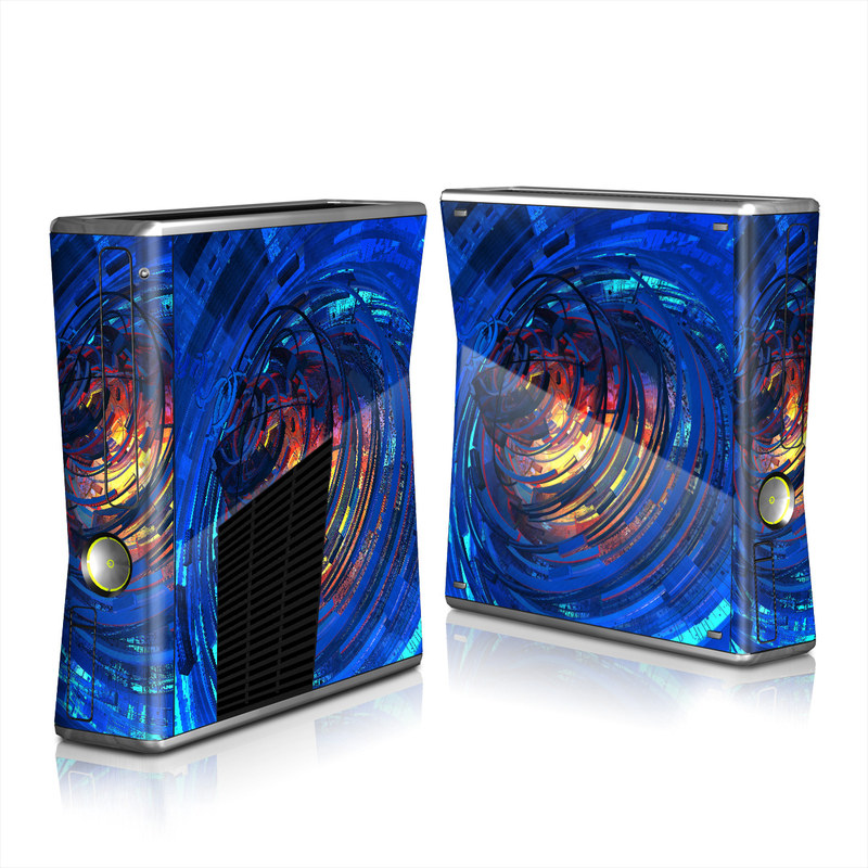 Xbox 360 S Skin design of Blue, Water, Circle, Vortex, Electric blue, Wave, Liquid, Graphics, Pattern, Colorfulness, with blue, orange, yellow colors