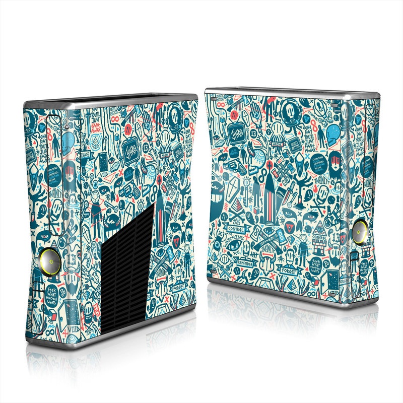 Xbox 360 S Skin design of Pattern, Psychedelic art, Turquoise, Art, Design, Visual arts, Line, Drawing, Doodle, Graphic design, with white, green, blue, red colors