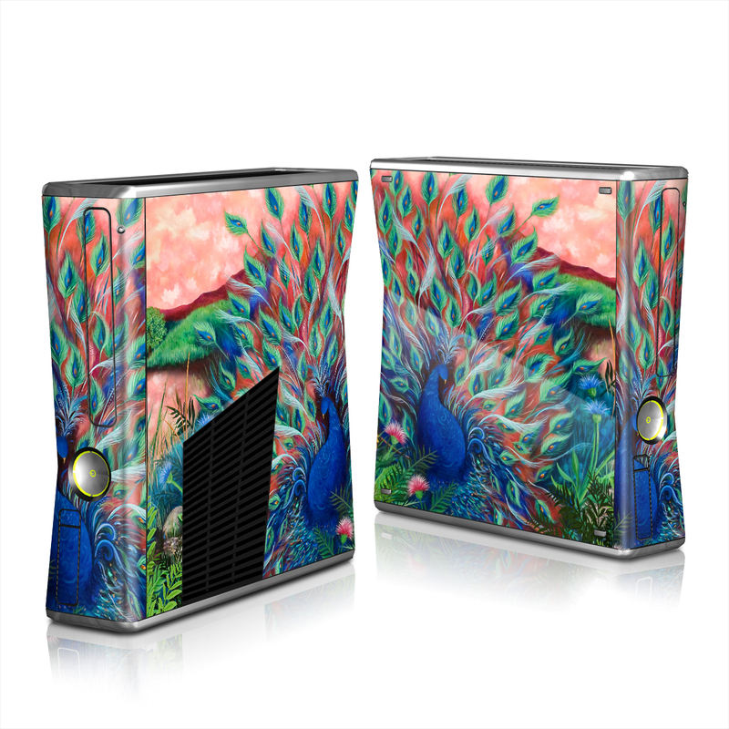 Xbox 360 S Skin design of Painting, Acrylic paint, Bird, Child art, Art, Galliformes, Peafowl, Visual arts, Watercolor paint, Plant, with black, red, gray, blue, green colors