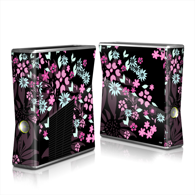 Xbox 360 S Skin design of Pink, Pattern, Flower, Plant, Botany, Petal, Floral design, Design, Pedicel, Graphic design, with black, gray, purple, green, red, pink colors