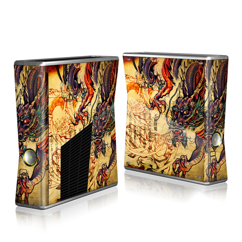 Xbox 360 S Skin design of Illustration, Fictional character, Art, Demon, Drawing, Visual arts, Dragon, Supernatural creature, Mythical creature, Mythology, with black, green, red, gray, pink, orange colors
