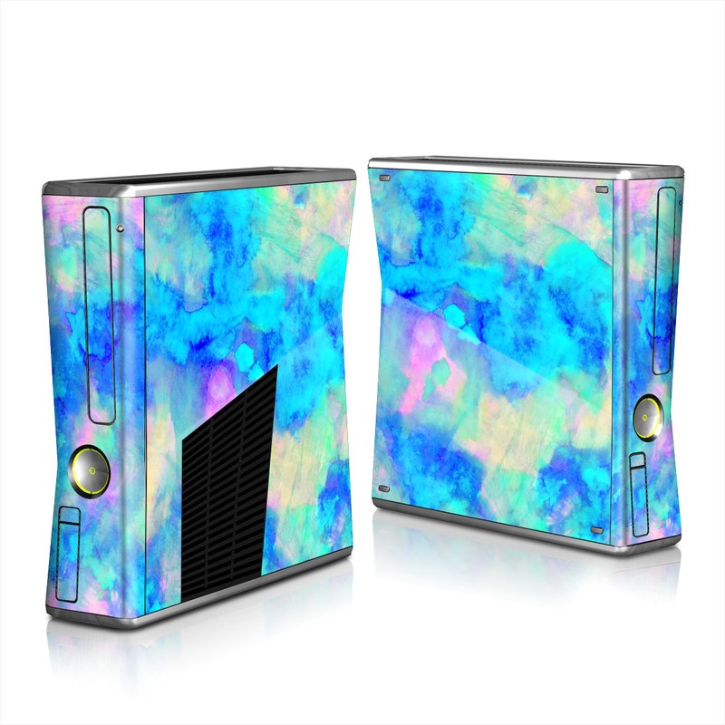 Xbox 360 S Skin design of Blue, Turquoise, Aqua, Pattern, Dye, Design, Sky, Electric blue, Art, Watercolor paint, with blue, purple colors