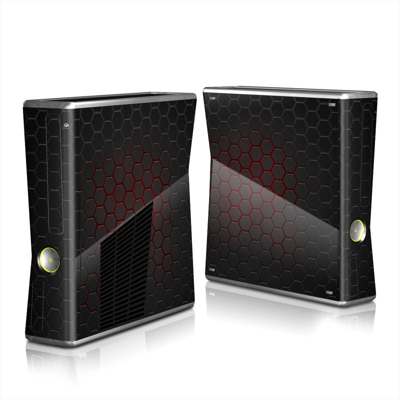 Xbox 360 S Skin design of Black, Pattern, Metal, Design, Mesh, Carbon, Space, Wallpaper, with black, red colors
