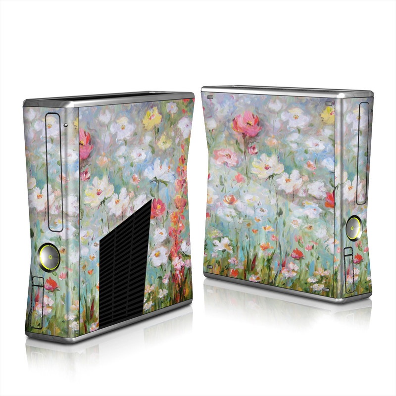 Xbox 360 S Skin design of Flower, Painting, Watercolor paint, Plant, Modern art, Wildflower, Botany, Meadow, Acrylic paint, Flowering plant, with gray, black, green, red, blue colors
