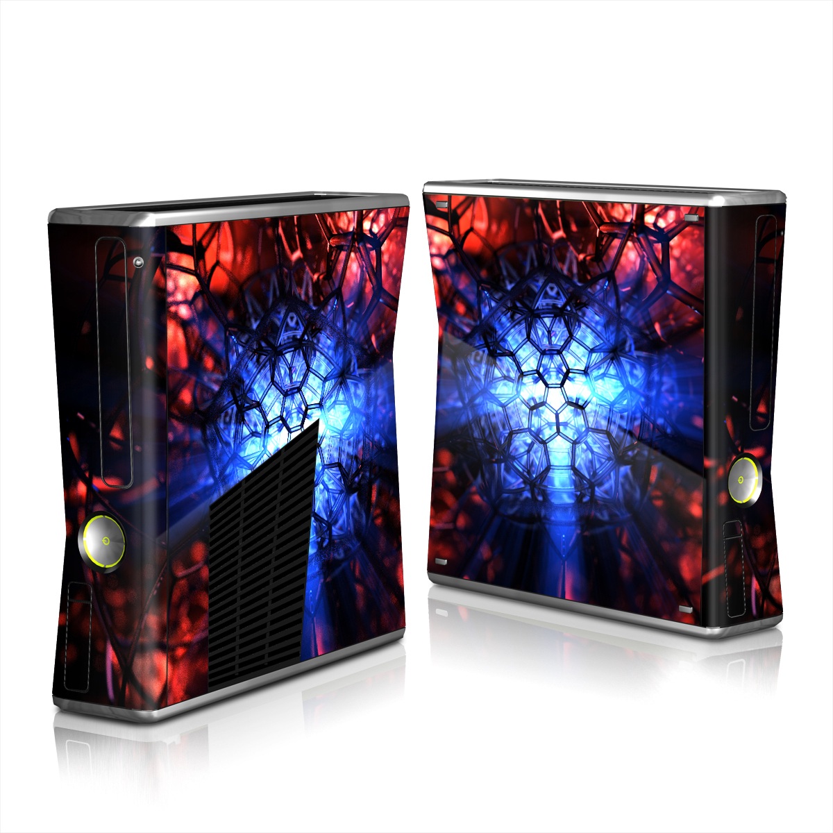Xbox 360 S Skin design of Blue, Fractal art, Red, Light, Pattern, Lighting, Art, Kaleidoscope, Design, Psychedelic art, with black, blue, red colors