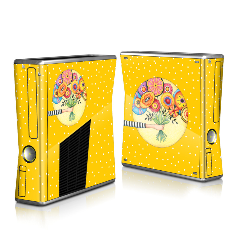 Xbox 360 S Skin design of Circle, Illustration, Clip art, Plant, with orange, yellow, pink, gray, green, black colors