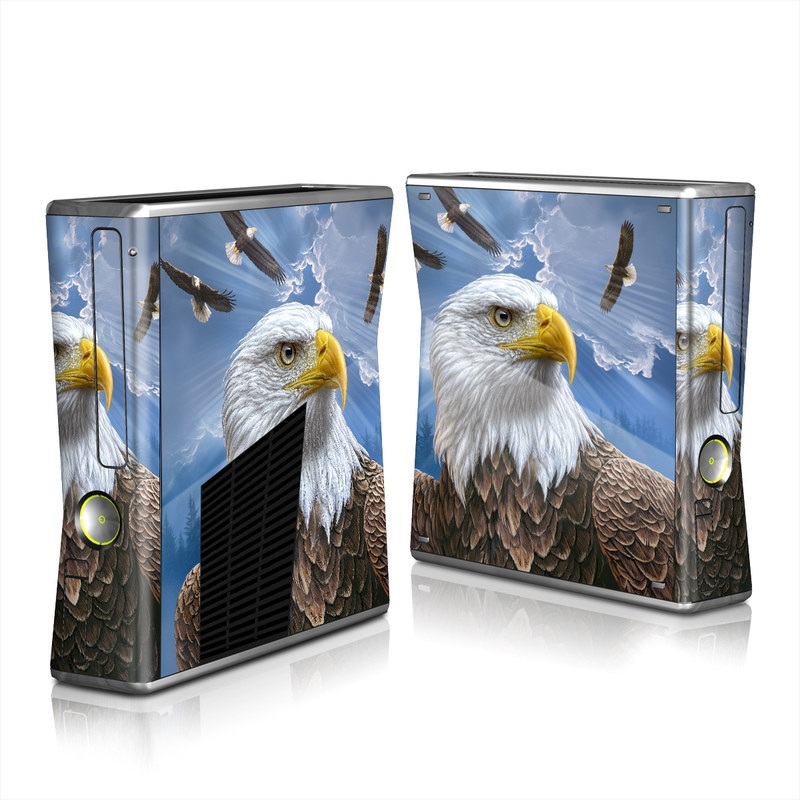 Xbox 360 S Skin design of Bird, Bald eagle, Bird of prey, Vertebrate, Accipitriformes, Accipitridae, Eagle, Nature, Beak, Kite, with blue, brown, white, yellow colors