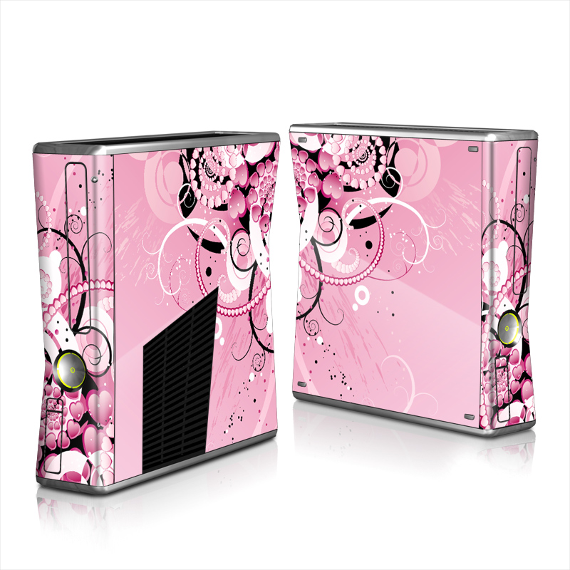 Xbox 360 S Skin design of Pink, Floral design, Graphic design, Text, Design, Flower Arranging, Pattern, Illustration, Flower, Floristry, with pink, gray, black, white, purple, red colors