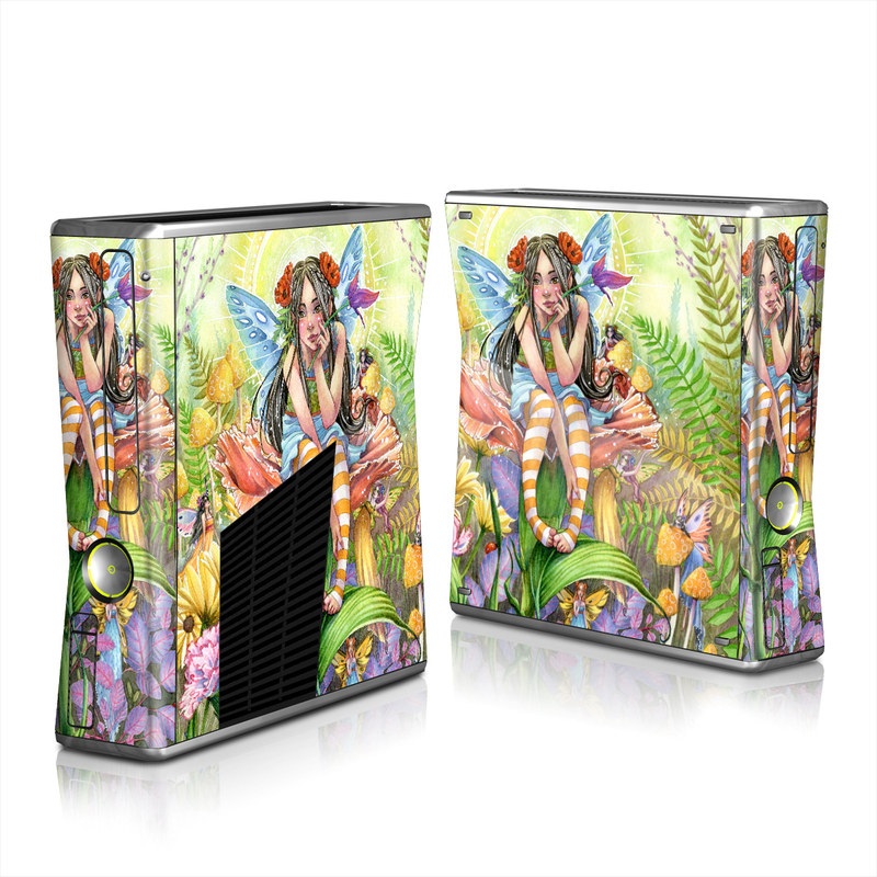 Xbox 360 S Skin design of Fictional character, Illustration, Art, Plant, Painting, Wildflower, Mythical creature, with gray, green, black, yellow, red colors