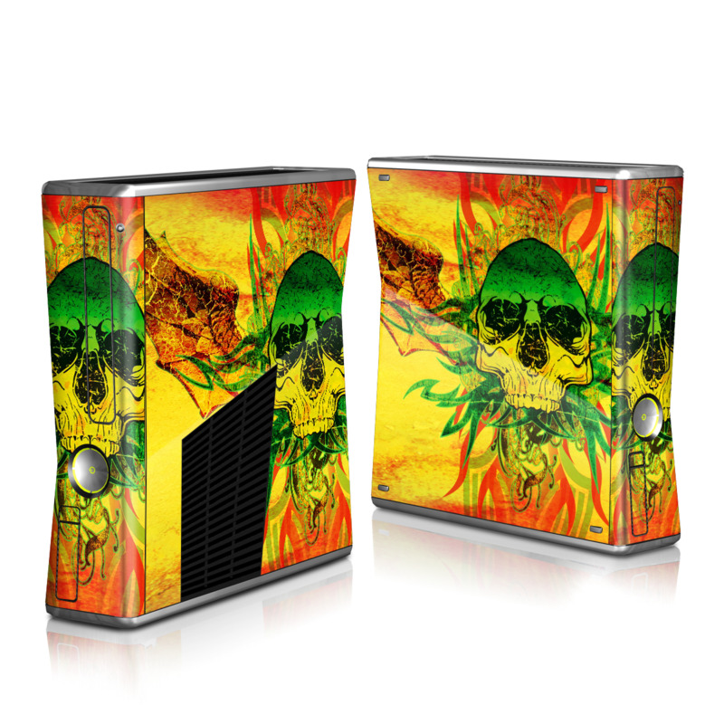 Xbox 360 S Skin design of Psychedelic art, Skull, Illustration, Bone, Art, Graphic design, Visual arts, Poster, Plant, Painting, with green, orange, black, red colors