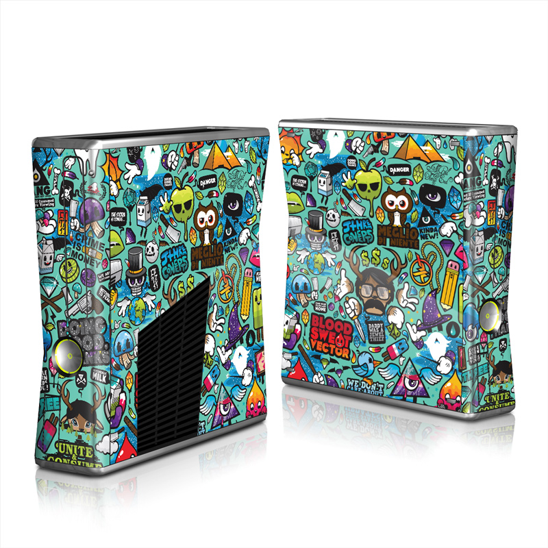Xbox 360 S Skin design of Cartoon, Art, Pattern, Design, Illustration, Visual arts, Doodle, Psychedelic art, with black, blue, gray, red, green colors