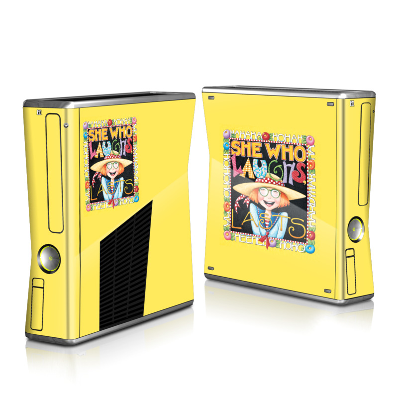 Xbox 360 S Skin design of Text, with orange, black, gray, green, red, pink colors